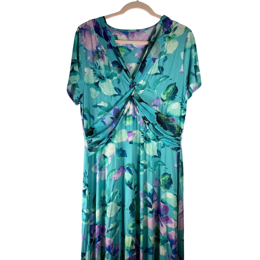 Soft Surroundings Teal Floral Twist Front Maxi Dress Large 2DY63 Jersey Knit‎